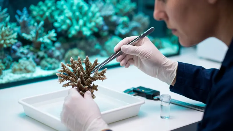 A researcher handling coral in a marine laboratory
