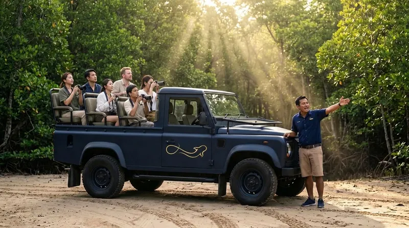 Guests on a safari vehicle in the mangrove forest