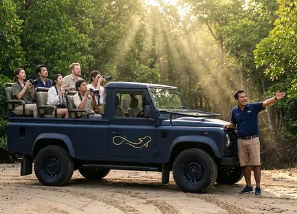 Guests on a safari vehicle in the mangrove forest