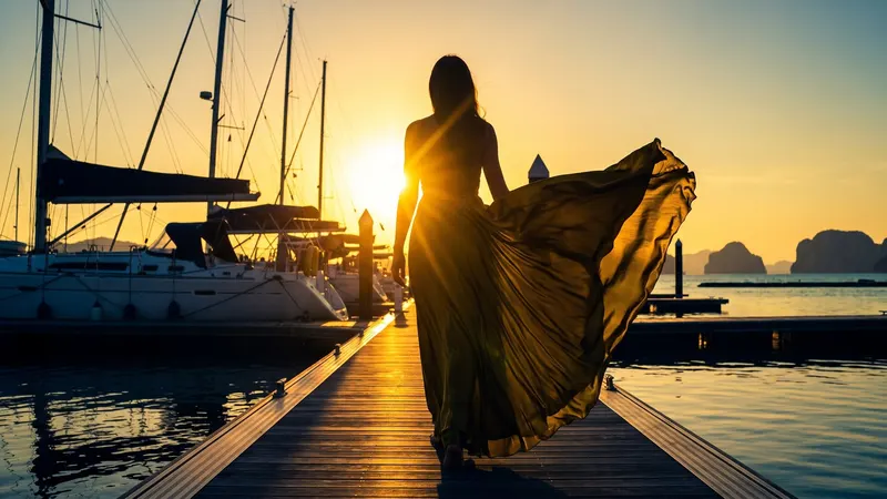 A woman walking along a marina pier at sunset
