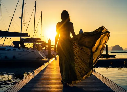 A woman walking along a marina pier at sunset