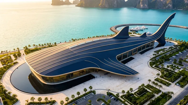 Aerial view of the whale-shark-shaped convention centre on the waterfront