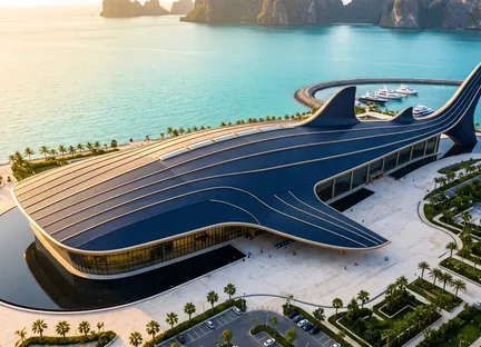 Aerial view of the whale-shark-shaped convention centre on the waterfront