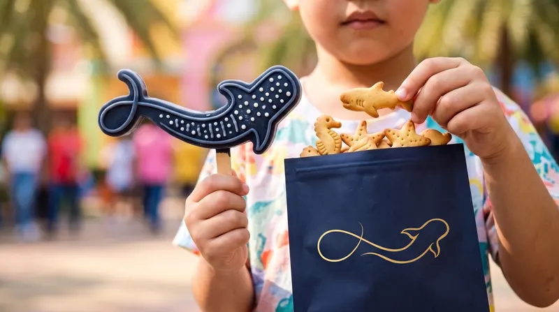 A child holding a whale-shark treat at the theme park