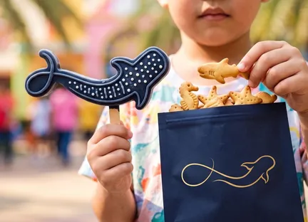 A child holding a whale-shark treat at the theme park