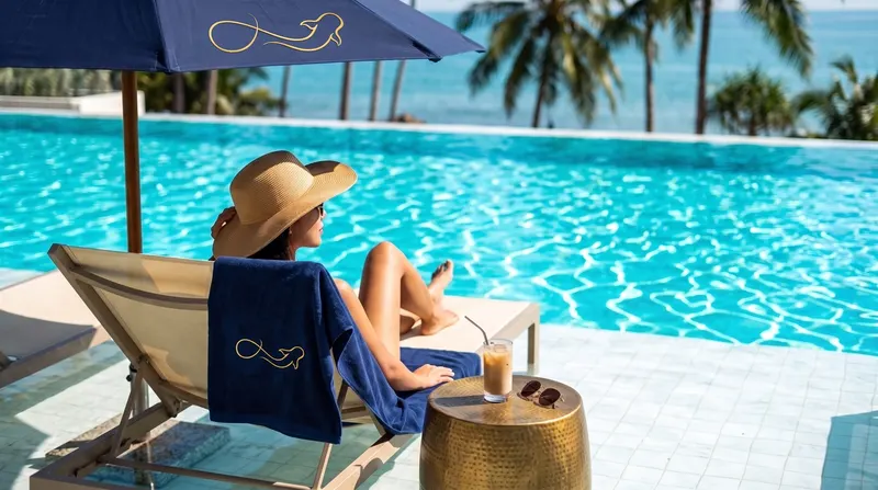 A guest relaxing by a turquoise pool