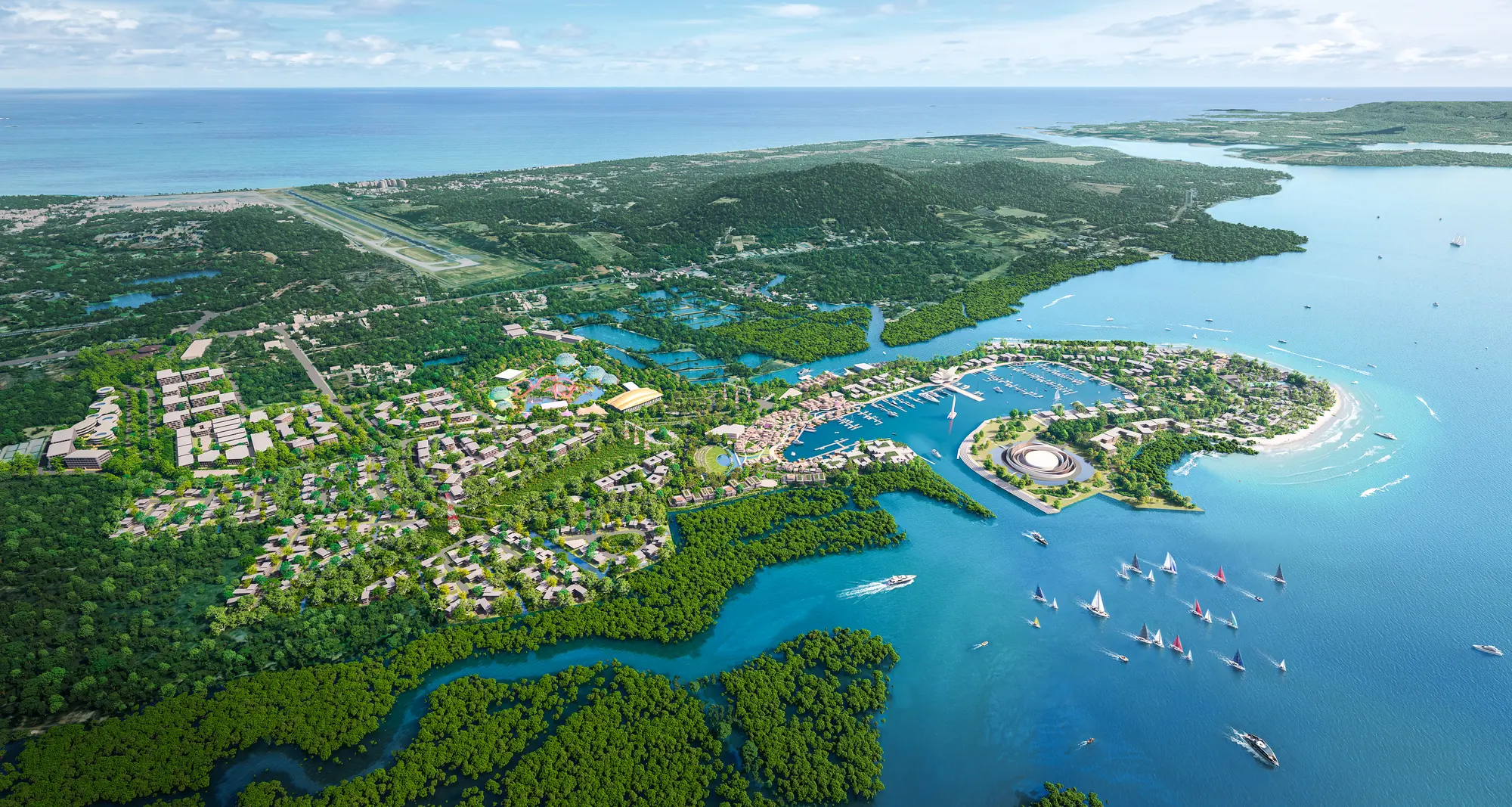 Aerial render of the Andaman Giant Gateway masterplan beside Phuket International Airport, with the Andaman Sea to the right