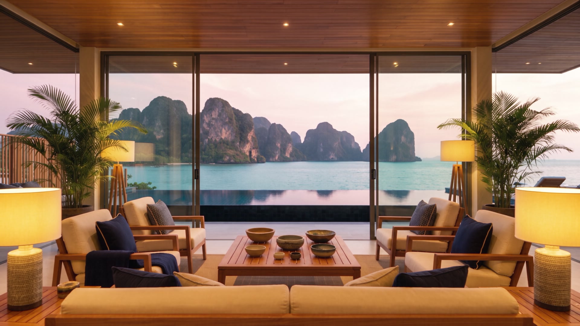 A villa living room opening onto an infinity pool and limestone islands